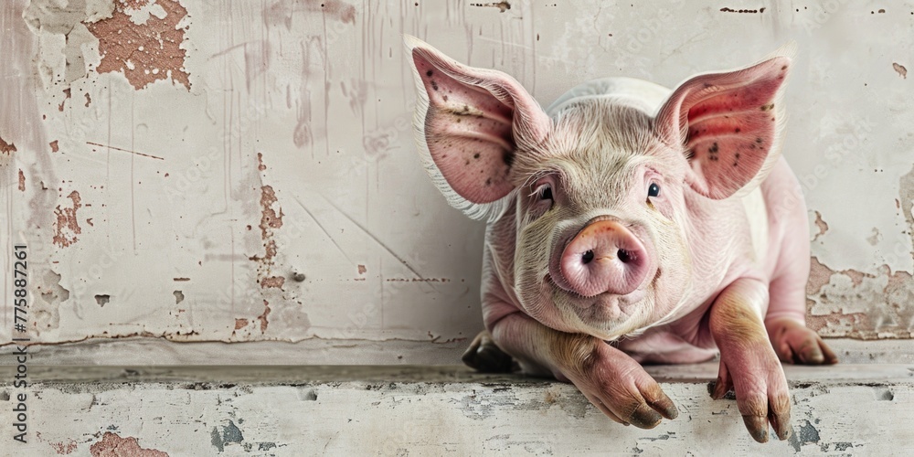 Poster a pig sitting on a ledge in front of a wall, suitable for various design projects