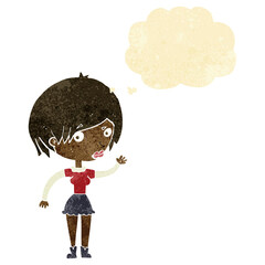 cartoon waving woman with thought bubble
