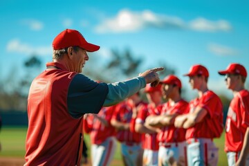A baseball coach giving directions to his team. Suitable for sports coaching concepts