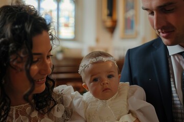 A man and woman holding a baby in a church. Suitable for family and religious themes