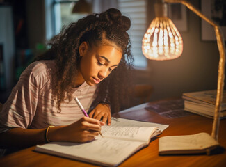 A teenage girl knows that knowledge is her best tool in life, which will help her overcome obstacles and build her future. And although homework can be a challenge, she finds strength  - obrazy, fototapety, plakaty