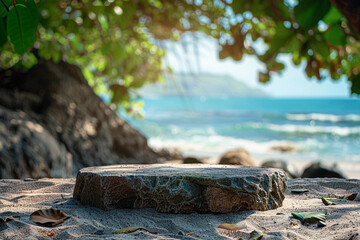 Fototapeta na wymiar Empty stone round podium and blur background of the tropical beach