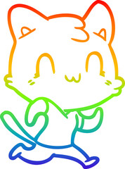 rainbow gradient line drawing of a cartoon happy cat running