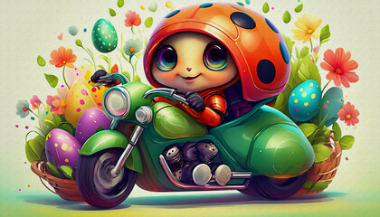 Fototapeta na wymiar Oil painting style CARTOON CHARACTER CUTE baby ladybug ride Stylish green cross motorcycle, toy, cartoon, fun, 