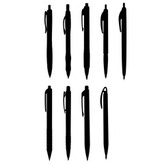 black ballpoint pen silhouettes, pen vector icon silhouette, Pen and Ballpoint Icon Set, Plastic pens silhouettes Ballpoint Pen, black isolated silhouette, Vector illustration