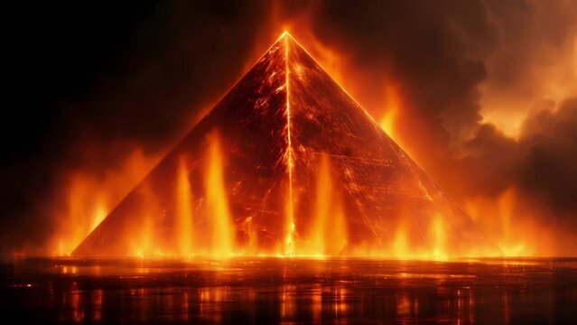 A fiery red pyramid in a dark background embodying the element of fire in Platos philosophy. The sharp edges and intense color convey a sense of passion and energy.