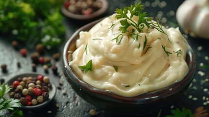 A bowl of creamy mashed potatoes garnished with a fresh sprig of parsley. Perfect for food and cooking concepts - obrazy, fototapety, plakaty