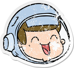 distressed sticker of a cartoon happy astronaut face