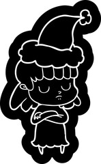 quirky cartoon icon of a indifferent woman wearing santa hat