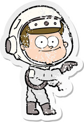 distressed sticker of a happy astronaut cartoon
