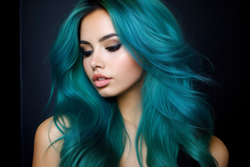 Fototapeta premium Dyeing your hair in fashionable turquoise-green shades has become one of the boldest and brightest trends in recent years. This hairstyle not only attracts attention, but also expresses