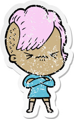 distressed sticker of a cartoon annoyed hipster girl