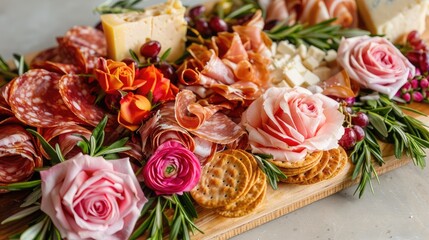 A mouthwatering charcuterie board showcasing an assortment of cured meats, artisanal cheeses, and gourmet crackers, embellished with fresh rose flowers