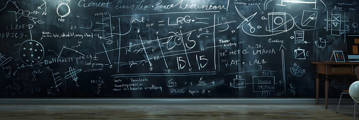 Echoing the Essence of Science: A Chalkboard With The LR Equation & Related Mathematical Concepts - obrazy, fototapety, plakaty