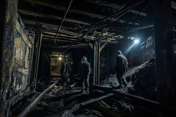 Naklejka premium Miners Descending Into The Depths of a Coal Mine, Their Headlamps Illuminating The Darkness, Capturing The Gritty Reality of Underground Mining, Generative AI