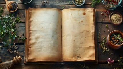 Open blank cookbook on a rustic kitchen table - obrazy, fototapety, plakaty