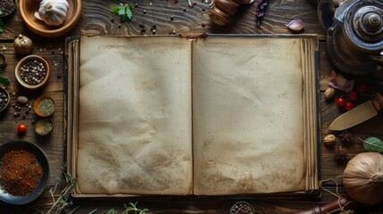 Antique cookbook open on a kitchen counter