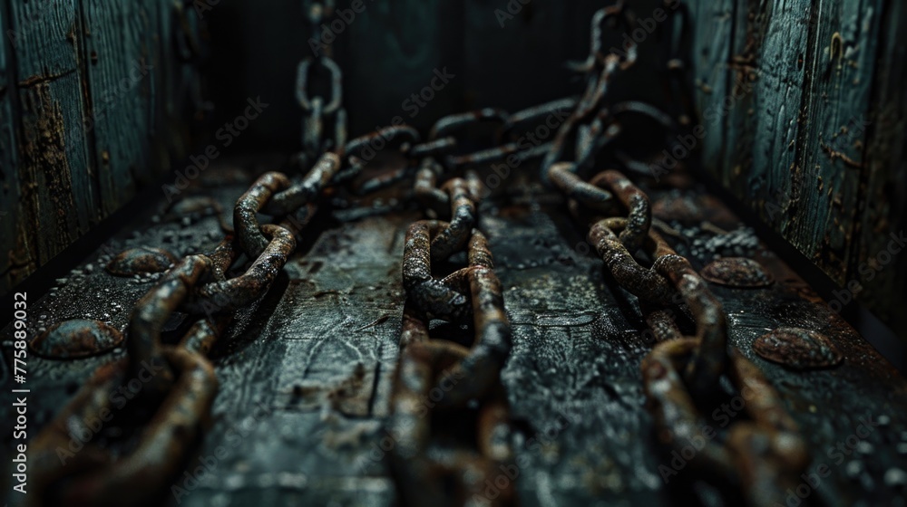 Poster a detailed view of rusty chains, suitable for industrial concepts