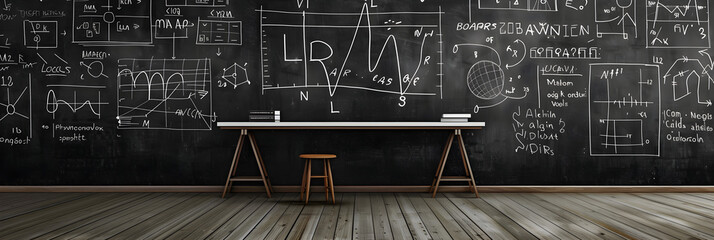 Echoing the Essence of Science: A Chalkboard With The LR Equation & Related Mathematical Concepts - obrazy, fototapety, plakaty