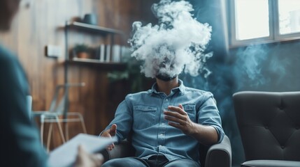 Person with exploding and smoking head from overwork and stress visit psychotherapist. Concept of stress, overwork, anxiety, depression, lonely - obrazy, fototapety, plakaty