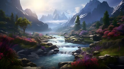 Beautiful panoramic landscape of a mountain river with stones and flowers