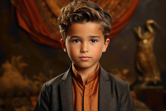 A portrait showcasing the cultural richness, featuring a Muslim boy in Shalwar Kameez against a warm brown backdrop.