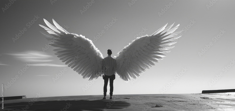 Wall mural A person standing on a beach with wings in the air. Suitable for travel and freedom concepts