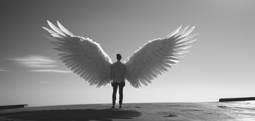 A person standing on a beach with wings in the air. Suitable for travel and freedom concepts - Powered by Adobe