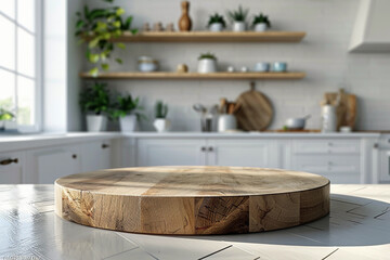 Fototapeta na wymiar empty wooden podium and blur background of a kitchen