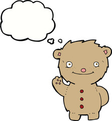 cartoon waving teddy bear with thought bubble