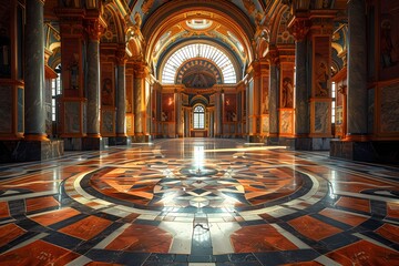 A grand hall with a circular marble floor design in the center stretches into the distance. The hall has a high ceiling with ornate moldings and a large window at the far end. - obrazy, fototapety, plakaty