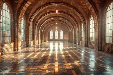 A long, narrow hallway with arched windows and a tiled floor stretches into the distance. The hallway appears to be made of brick and could possibly be located in a museum. - obrazy, fototapety, plakaty