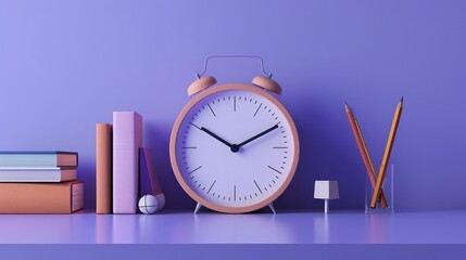 a minimalistic alarm clock accompanied by neatly stacked books and geometry tools on a serene purple backdrop.