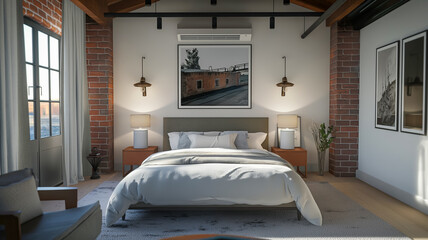 A stylish bedroom with exposed brick, large windows, pendant lighting, and framed artwork.