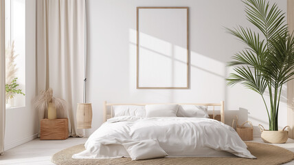 Fototapeta na wymiar A tranquil bedroom bathed in natural light with lush greenery and neutral tones.