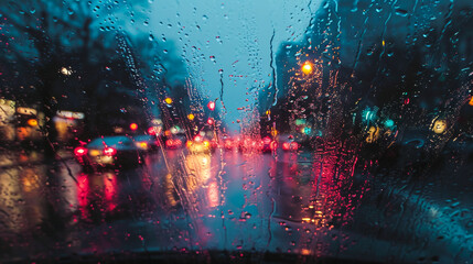 Raindrops race down a car window, distorting the cityscape into a colorful, abstract painting, merging the melancholy of rain with the vibrant hues of urban life - obrazy, fototapety, plakaty