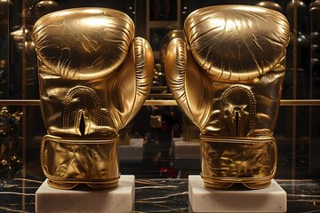 A pair of gold boxing gloves with red laces rest on a black, reflective surface. The surface reflects the gold color of the gloves and  shows a blurred object in the background. 