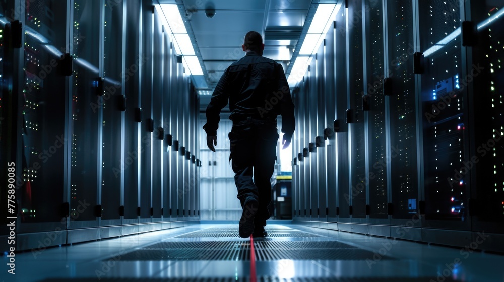 Poster A man walking through a server room. Suitable for technology concepts