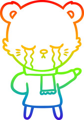 rainbow gradient line drawing of a crying cartoon bear wearing winter clothes