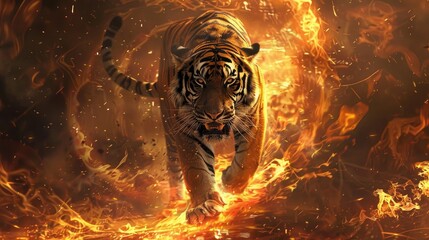 A majestic tiger prowls through a ring of fire, exuding raw power and elegance.