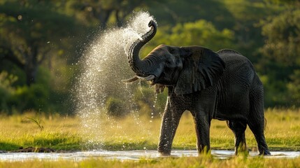 A majestic elephant sprays water from its trunk, its gentle nature captivating all.