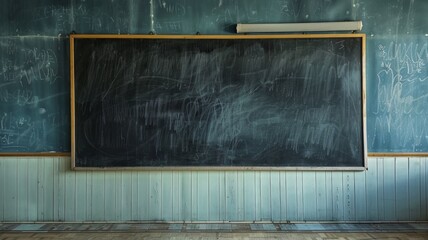 Chalkboard with chalk smears in classroom - An image showing a large black chalkboard with chalk smears, evoking a nostalgic educational setting in a classroom - obrazy, fototapety, plakaty