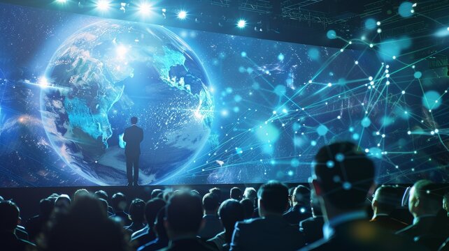 Man watches earth from a digital conference hall - An image of a man gazing at a holographic Earth in a conference hall, embodying innovation and global connectivity