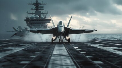 Jet plane ready for takeoff on stormy day - Close-up of a jet fighter ready for takeoff with steam rising from the aircraft carrier deck - obrazy, fototapety, plakaty