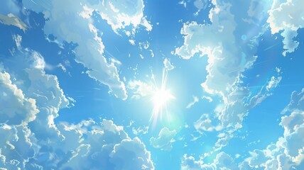 Blue sky with dramatic cloud formations - Bright sunrays burst through dynamic cloud formations against a brilliant blue sky, invoking inspiration