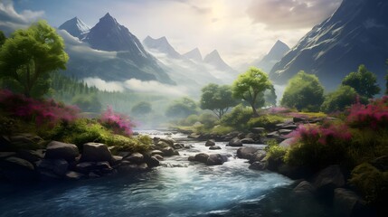 Panoramic view of a mountain river with pink rhododendron flowers