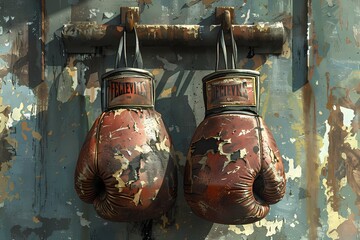 A well-worn pair of red boxing gloves hang from a metal hook mounted on a concrete wall. The gloves are laced up and  have visible wear and tear. - obrazy, fototapety, plakaty