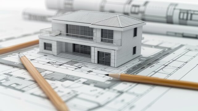 Architectural model with blueprints and pencil - Detailed architectural model of a house on top of blueprints, focus on precision and design