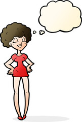 cartoon happy woman with hands on hips with thought bubble