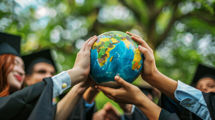 Hands Holding a Globe at Graduation Ceremony - Multicultural group of graduates holding a globe together symbolizing hope, unity, and a commitment to global education
